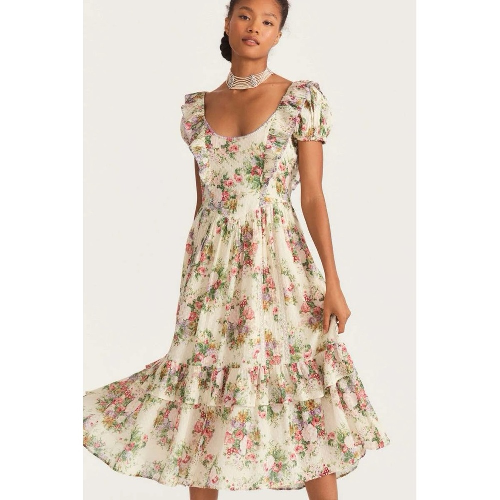 Love Shack Fancy Exley Dress Shining Gemstone Size 4 Floral Short Sleeve Love